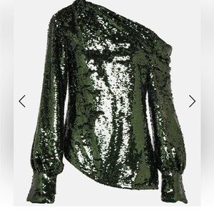Elegant Green Sequin One-Shoulder Blouse